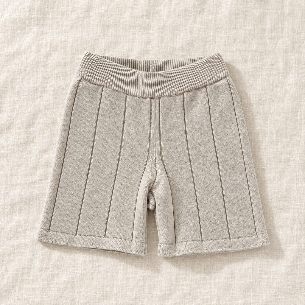 The Knit Polo & Shorts Separates — Beige Shorts, laid flat on ivory linen