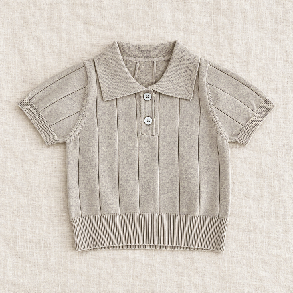 The Knit Polo & Shorts Separates — Beige Polo, laid flat on ivory linen