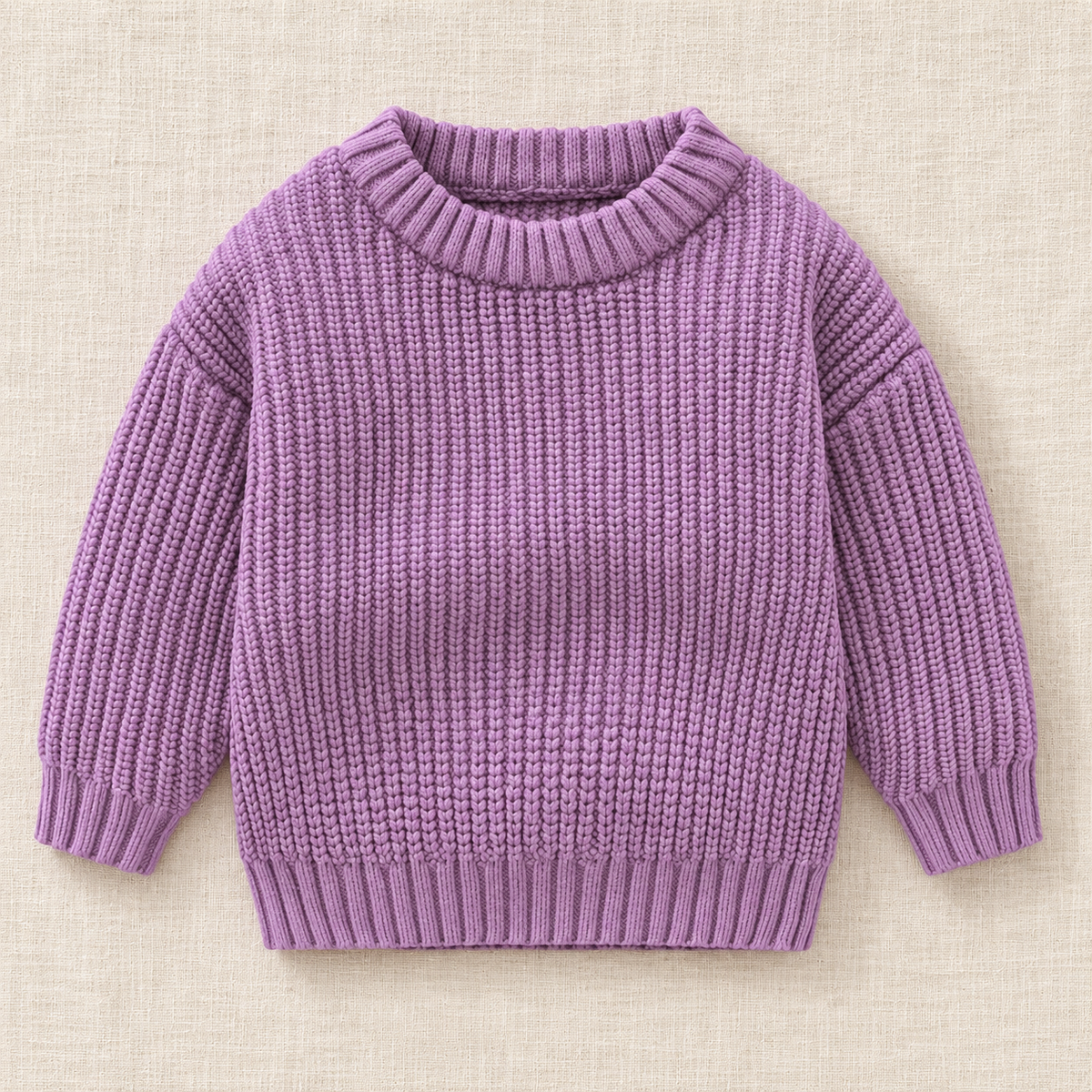 The Everyday Textured Knit Sweater — Purple · Classic Knit, laid flat on ivory linen