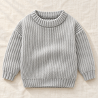 The Everyday Textured Knit Sweater — Gray · Classic Knit, laid flat on ivory linen