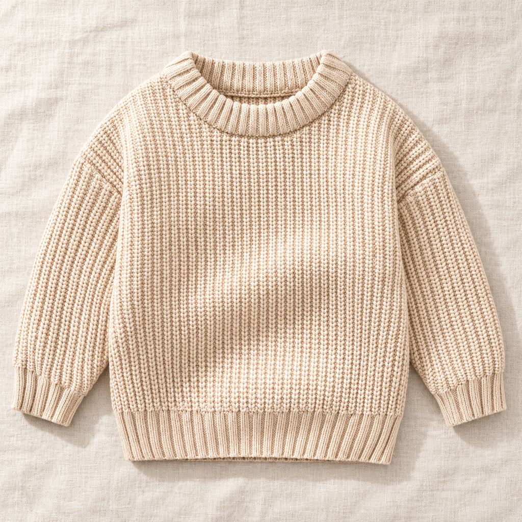The Everyday Textured Knit Sweater — Beige · Classic Knit, laid flat on ivory linen