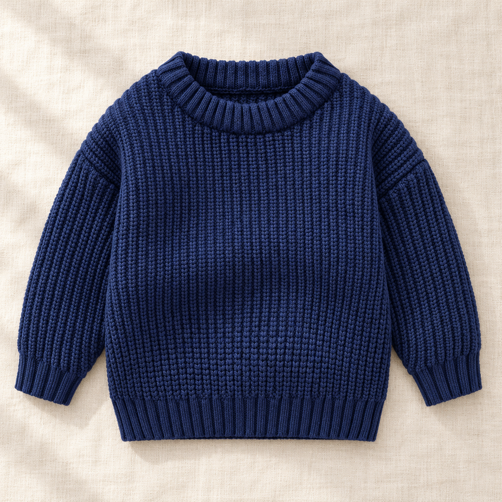 The Everyday Textured Knit Sweater — Navy Blue · Classic Knit, laid flat on ivory linen