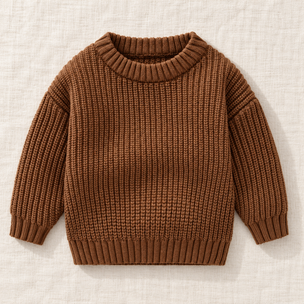 The Everyday Textured Knit Sweater — Brown · Classic Knit, laid flat on ivory linen