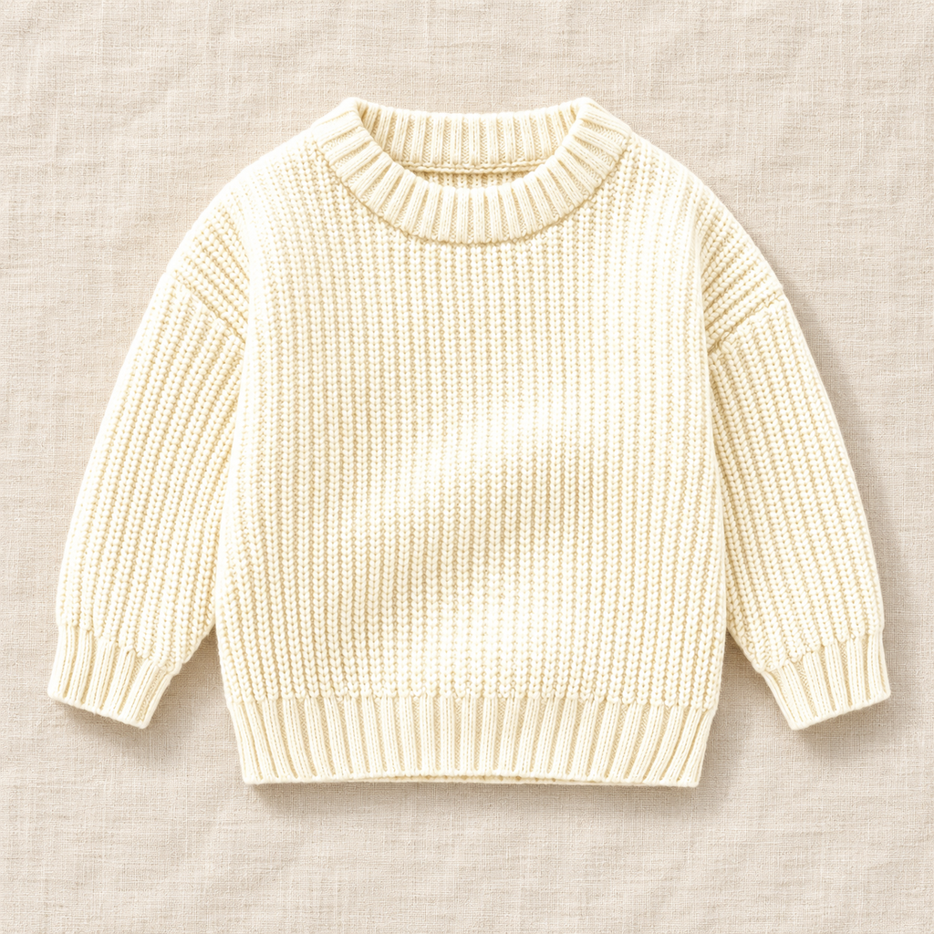 The Everyday Textured Knit Sweater — Cream · Fine Rib, laid flat on ivory linen