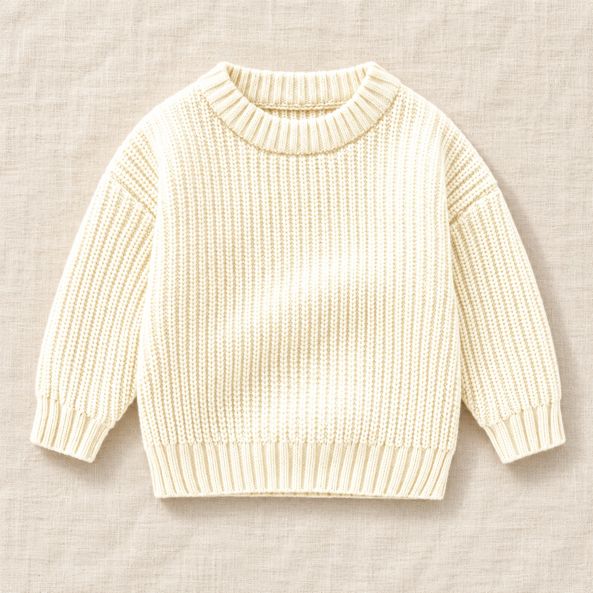 The Everyday Textured Knit Sweater — Cream · Fine Rib, laid flat on ivory linen