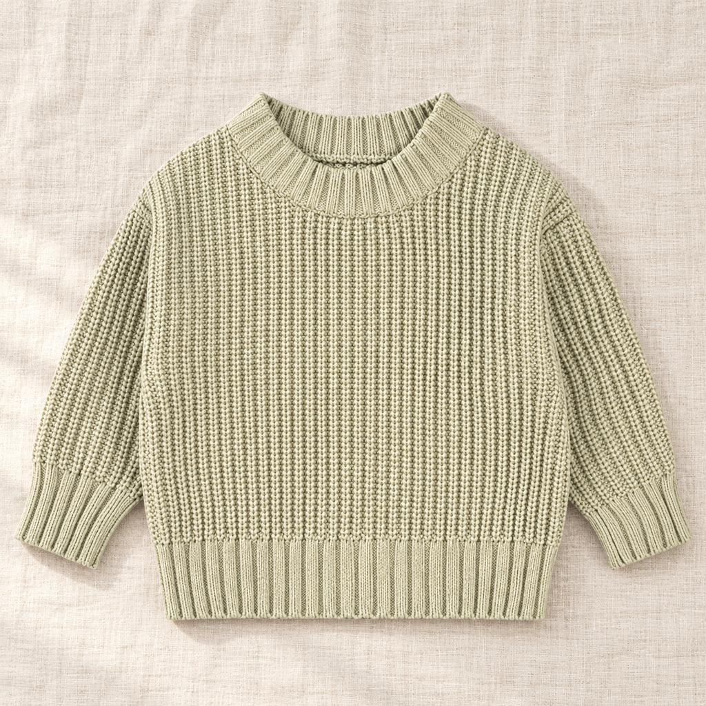 The Everyday Textured Knit Sweater — Light Green · Fine Rib, laid flat on ivory linen