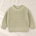 The Everyday Textured Knit Sweater — Light Green · Fine Rib, laid flat on ivory linen