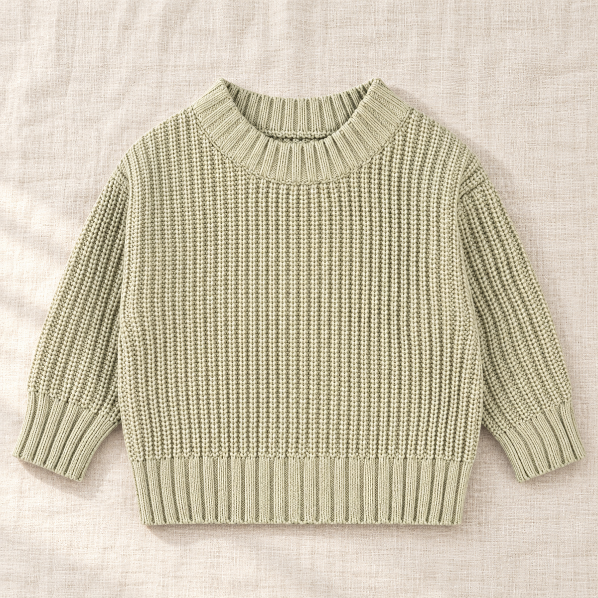 The Everyday Textured Knit Sweater — Light Green · Fine Rib, laid flat on ivory linen