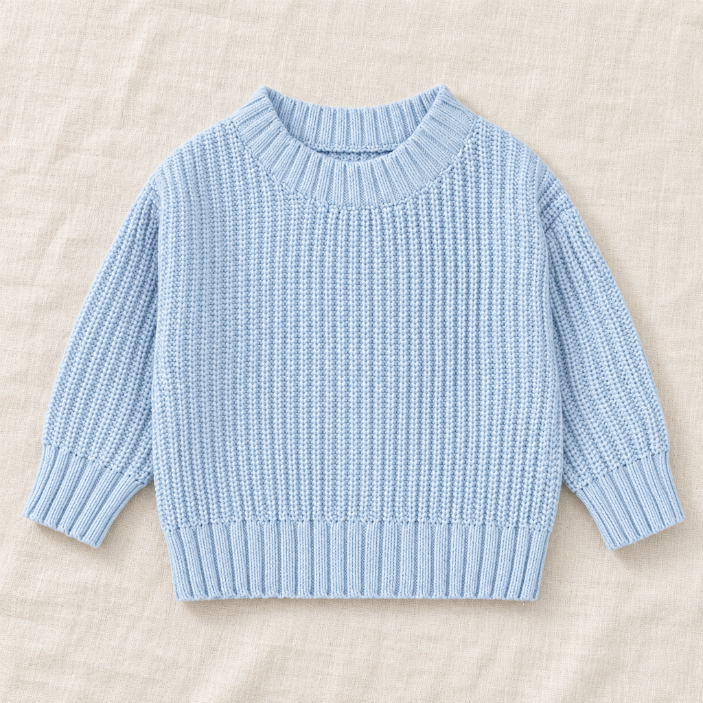 The Everyday Textured Knit Sweater — Blue · Classic Knit, laid flat on ivory linen