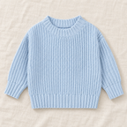 The Everyday Textured Knit Sweater — Blue · Classic Knit, laid flat on ivory linen