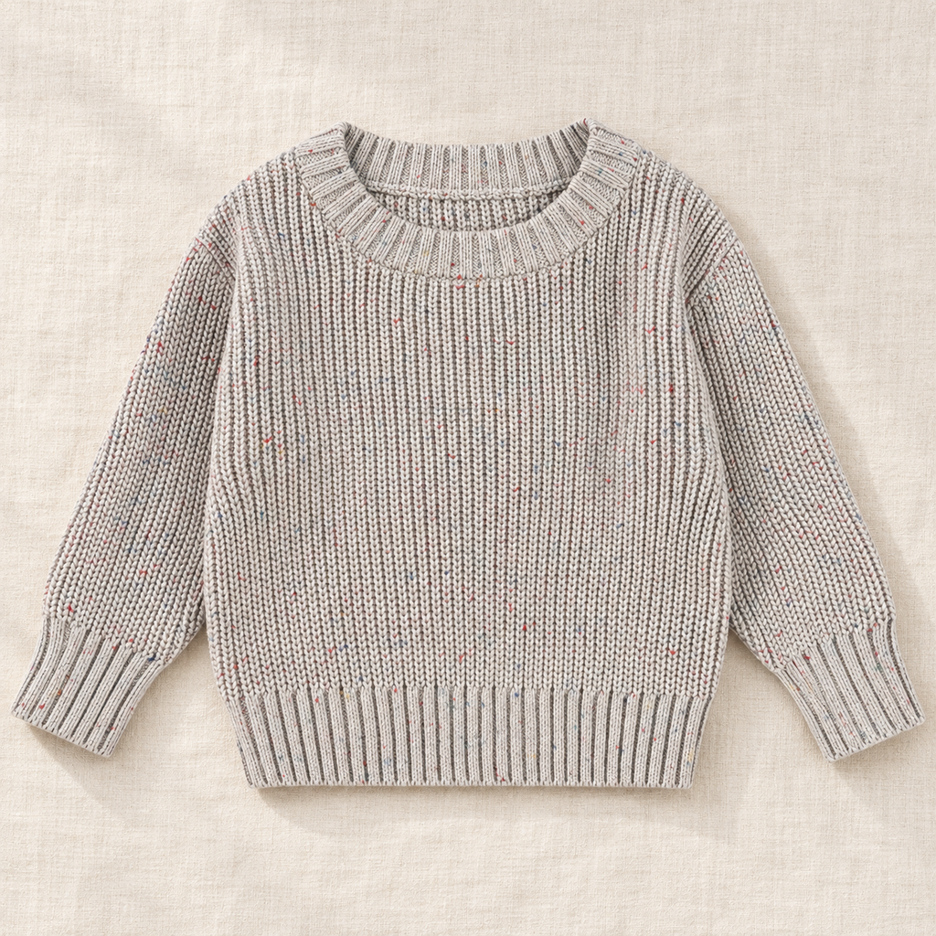 The Everyday Textured Knit Sweater — Gray · Flecked Knit, laid flat on ivory linen