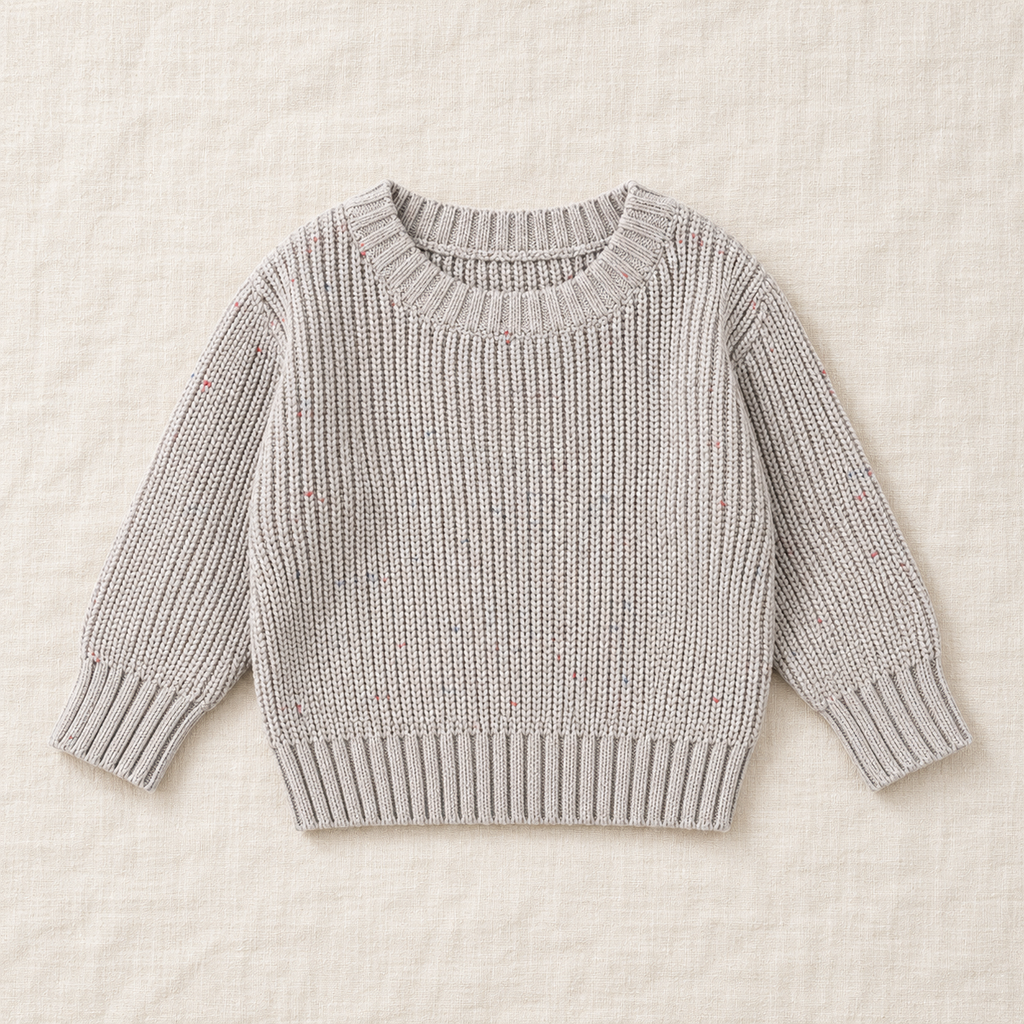 The Relaxed Rib Knit Sweater — Gray Dots, laid flat on ivory linen