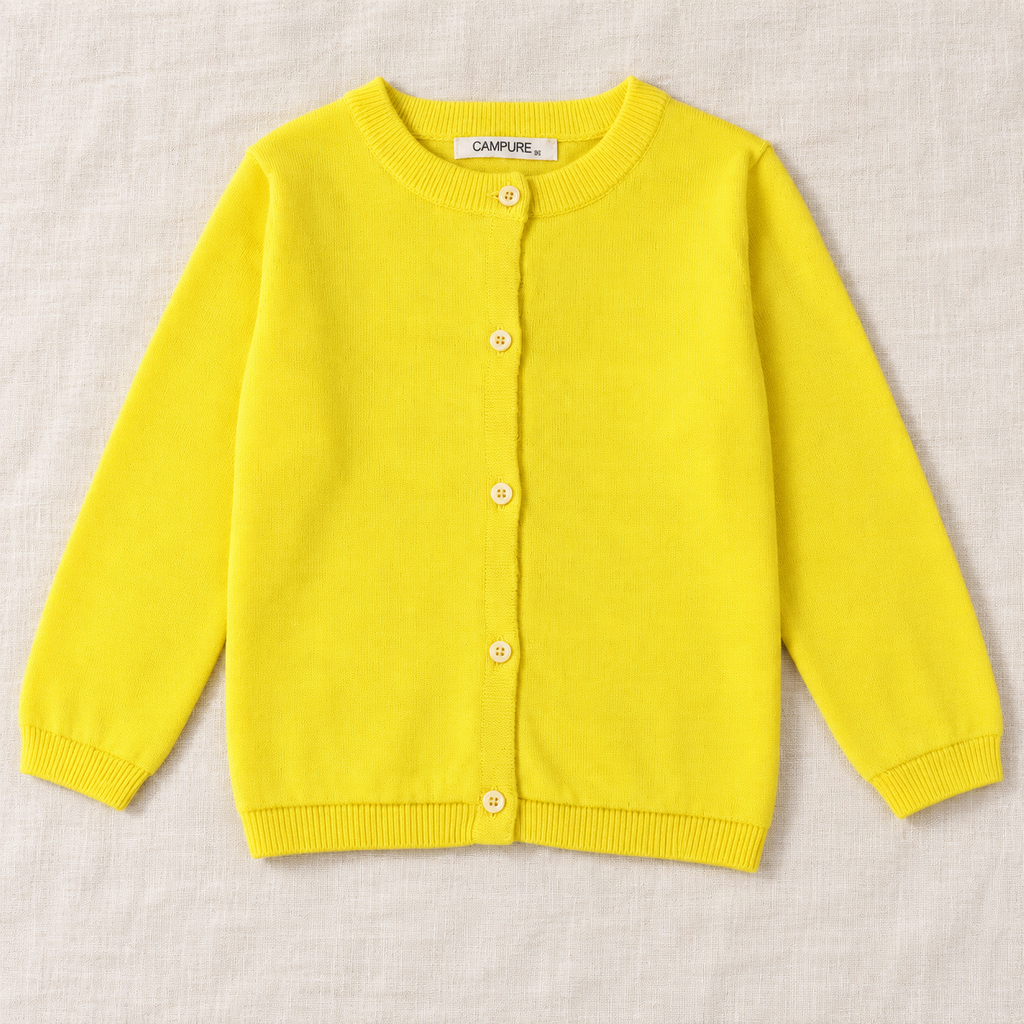 The Everyday Fine Knit Cardigan — Yellow, laid flat on ivory linen