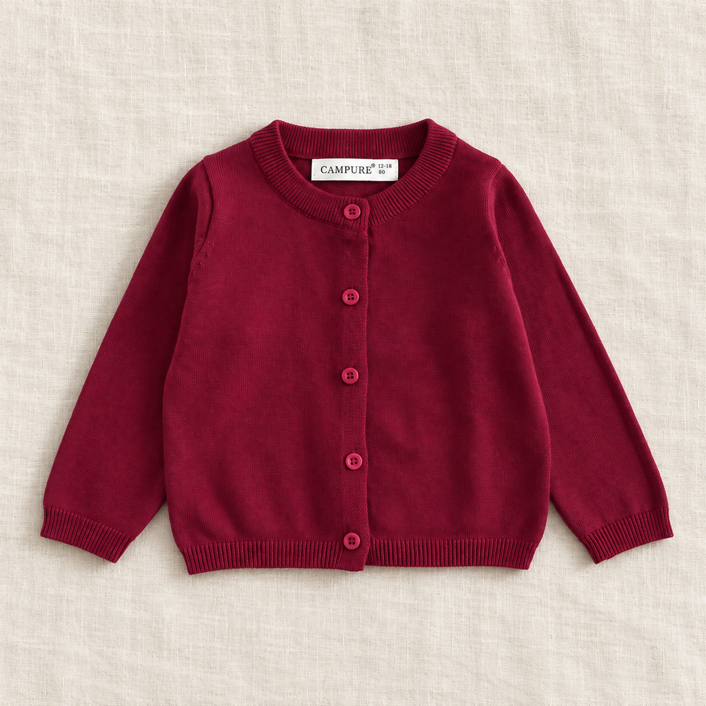 The Everyday Fine Knit Cardigan — Dark Red, laid flat on ivory linen