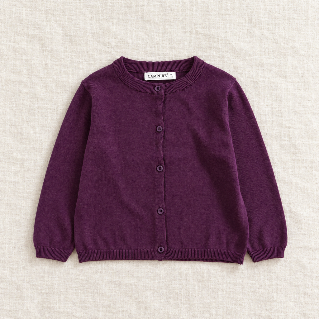 The Everyday Fine Knit Cardigan — Deep Purple, laid flat on ivory linen
