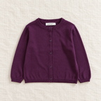 The Everyday Fine Knit Cardigan — Deep Purple, laid flat on ivory linen