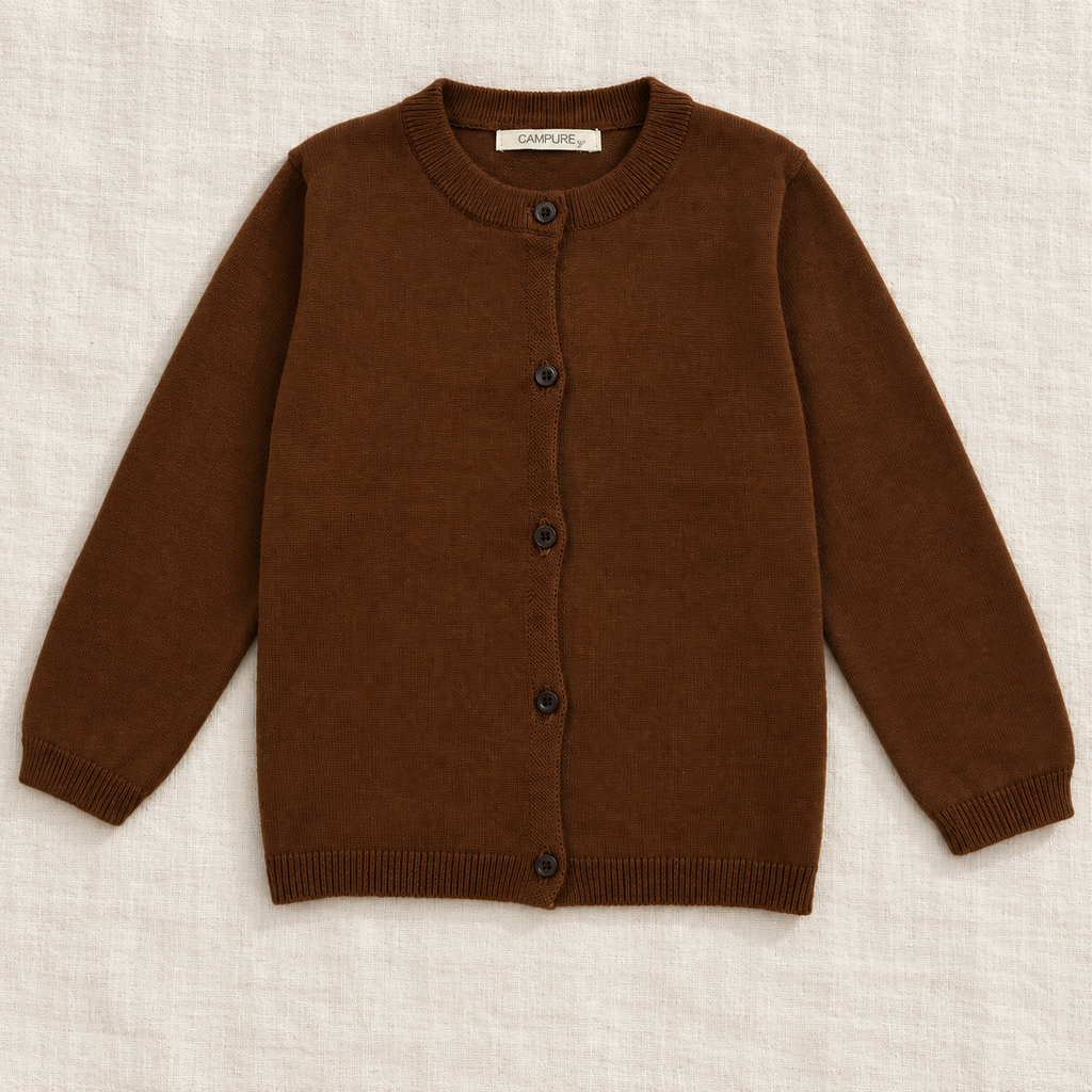 The Everyday Fine Knit Cardigan — Chocolate, laid flat on ivory linen