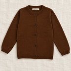 The Everyday Fine Knit Cardigan — Chocolate, laid flat on ivory linen