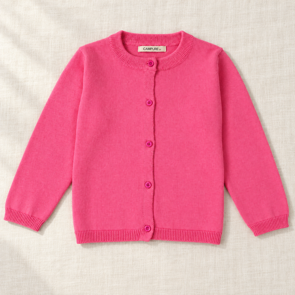 The Everyday Fine Knit Cardigan — Dusty Rose, laid flat on ivory linen
