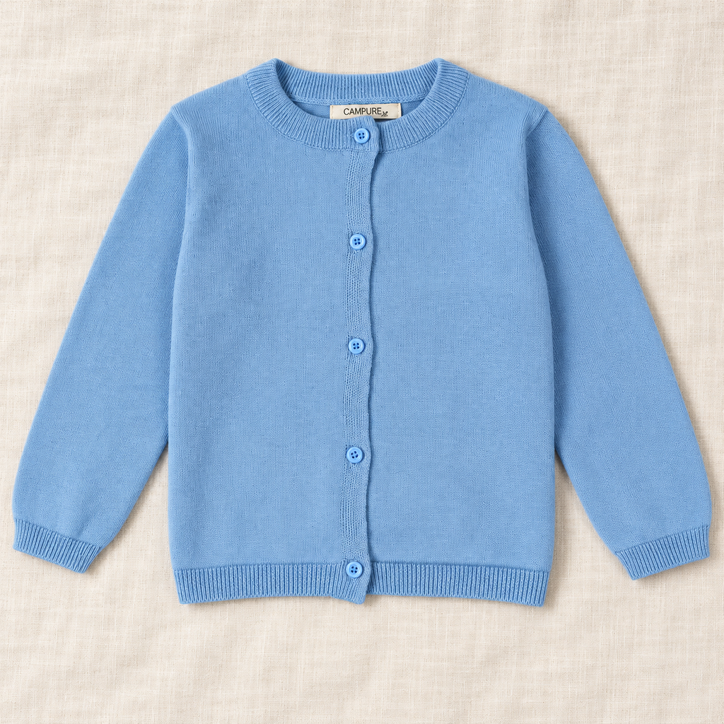 The Everyday Fine Knit Cardigan — Aqua Blue, laid flat on ivory linen