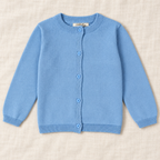 The Everyday Fine Knit Cardigan — Aqua Blue, laid flat on ivory linen