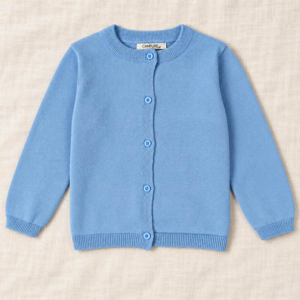 The Everyday Fine Knit Cardigan — Aqua Blue, laid flat on ivory linen
