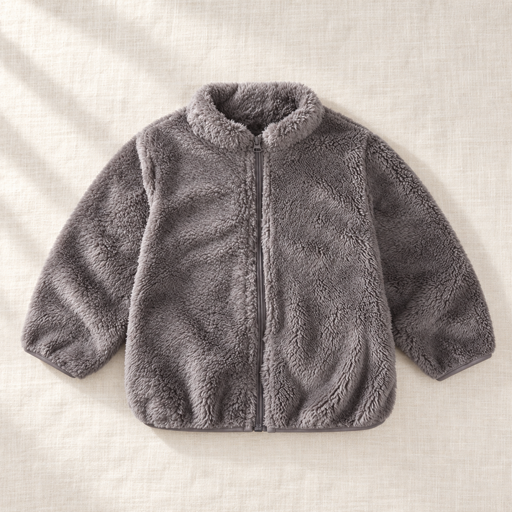 The Plush Zip Jacket — Gray, laid flat on ivory linen