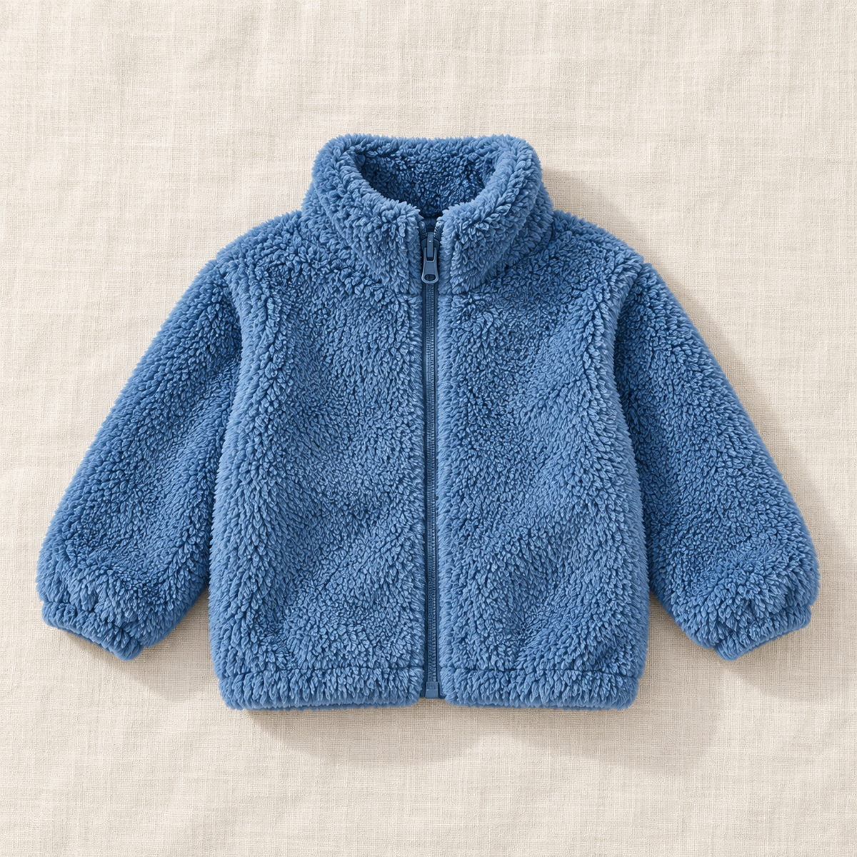 The Plush Zip Jacket — Denim Blue, laid flat on ivory linen