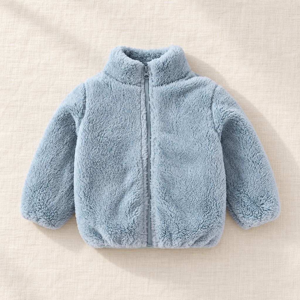 The Plush Zip Jacket — Light Blue, laid flat on ivory linen