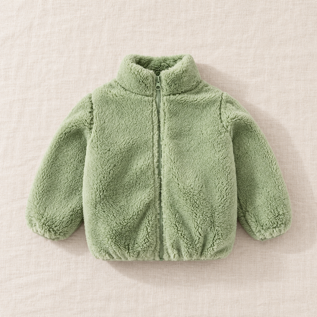 The Plush Zip Jacket — Sage, laid flat on ivory linen