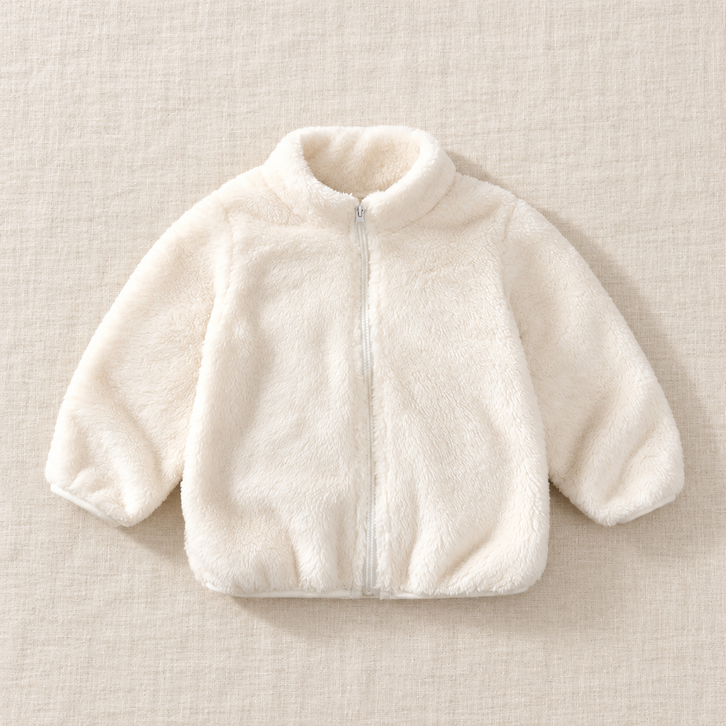 The Plush Zip Jacket — Ivory, laid flat on ivory linen
