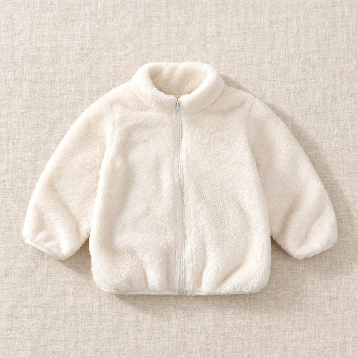 The Plush Zip Jacket — Ivory, laid flat on ivory linen