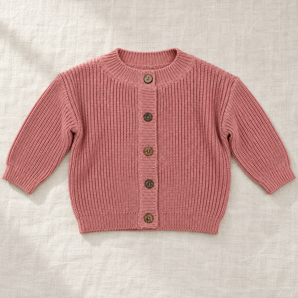 The Ribbed Button Knit Cardigan — Rose Pink, laid flat on ivory linen