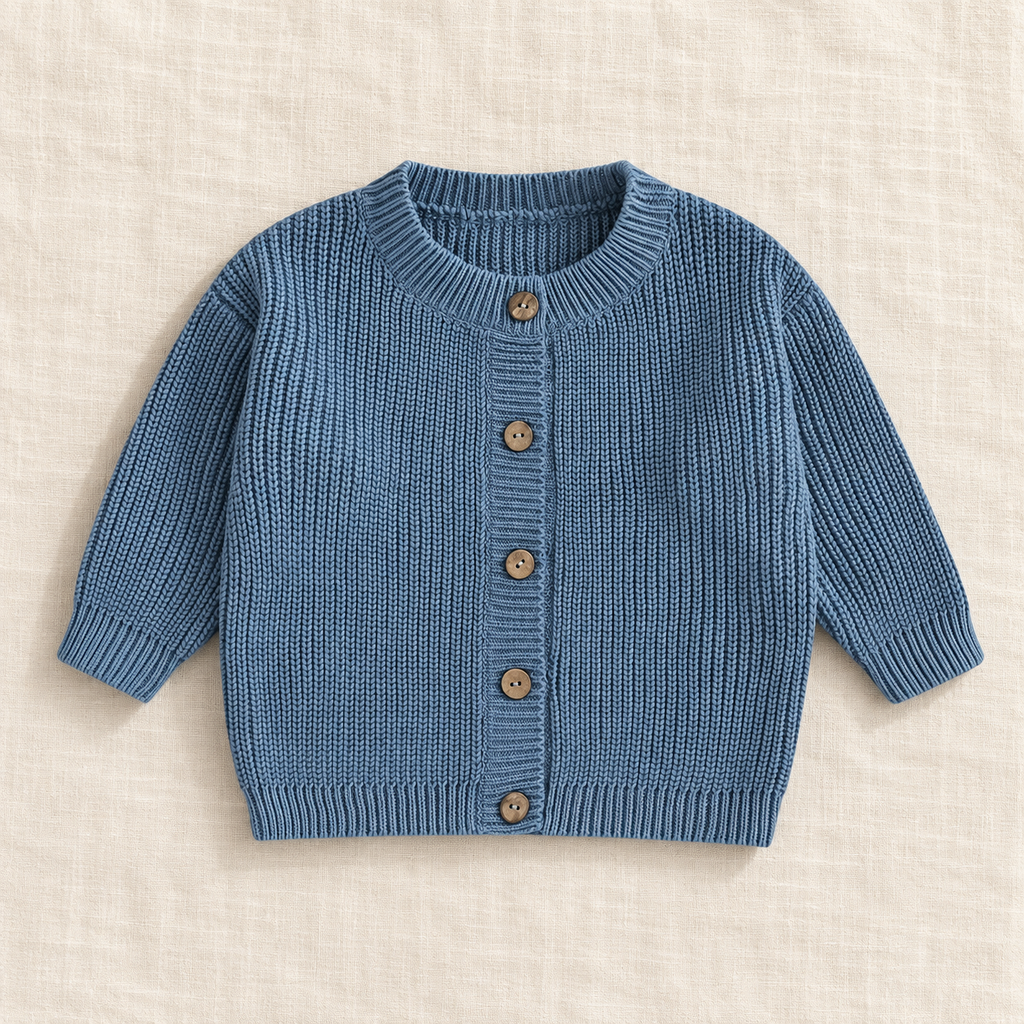 The Ribbed Button Knit Cardigan — Haze Blue, laid flat on ivory linen