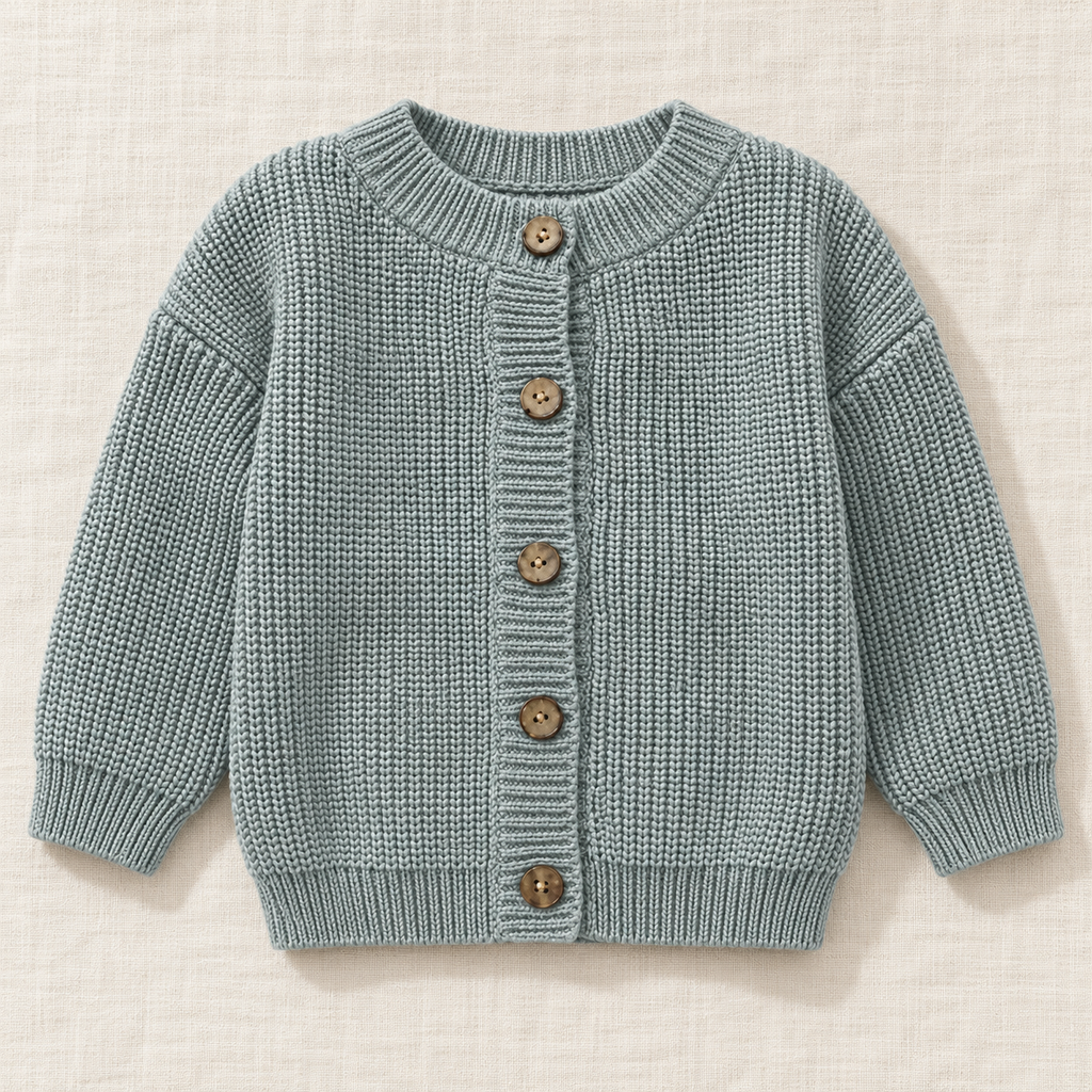 The Ribbed Button Knit Cardigan — Grey Blue, laid flat on ivory linen
