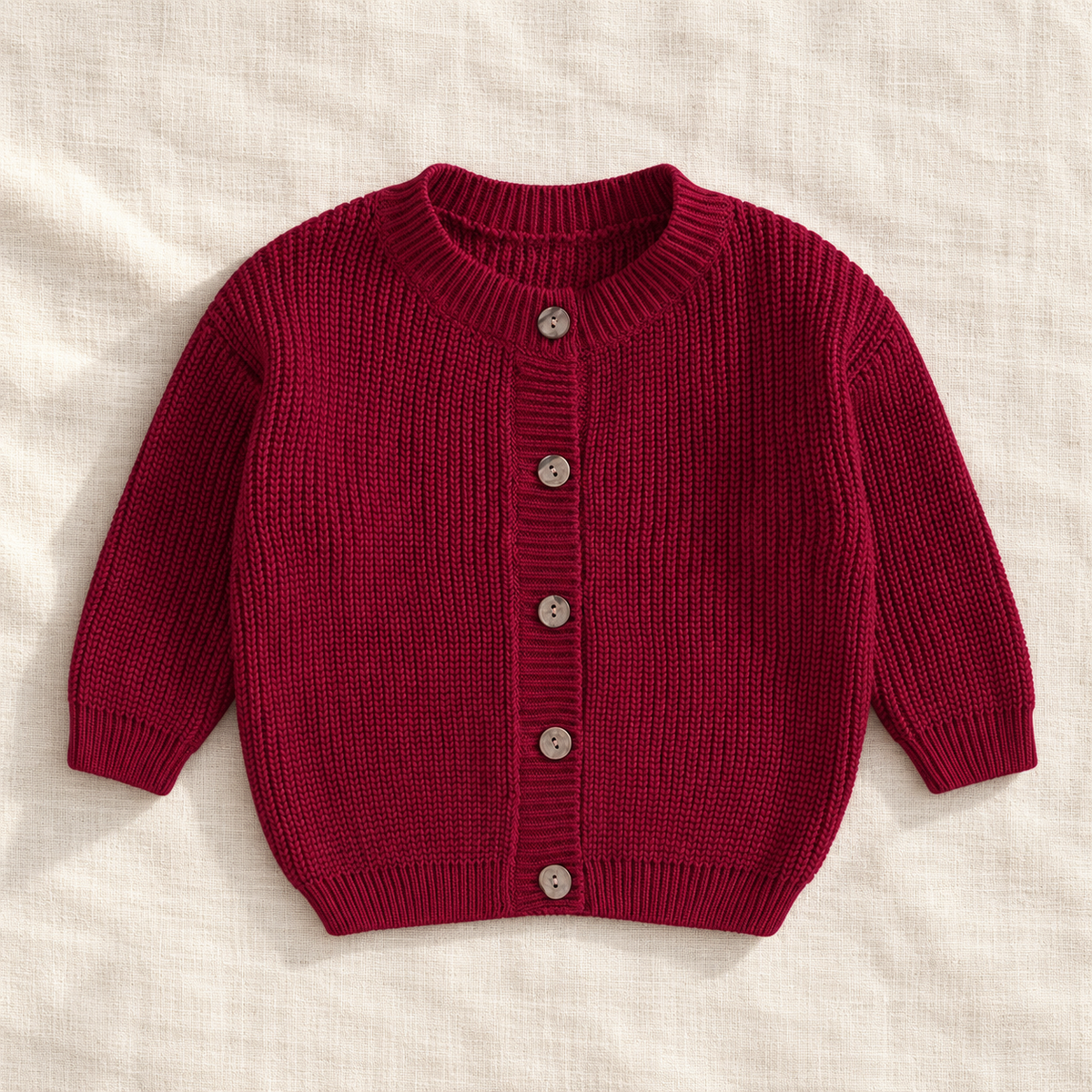 The Ribbed Button Knit Cardigan — Wine Red, laid flat on ivory linen
