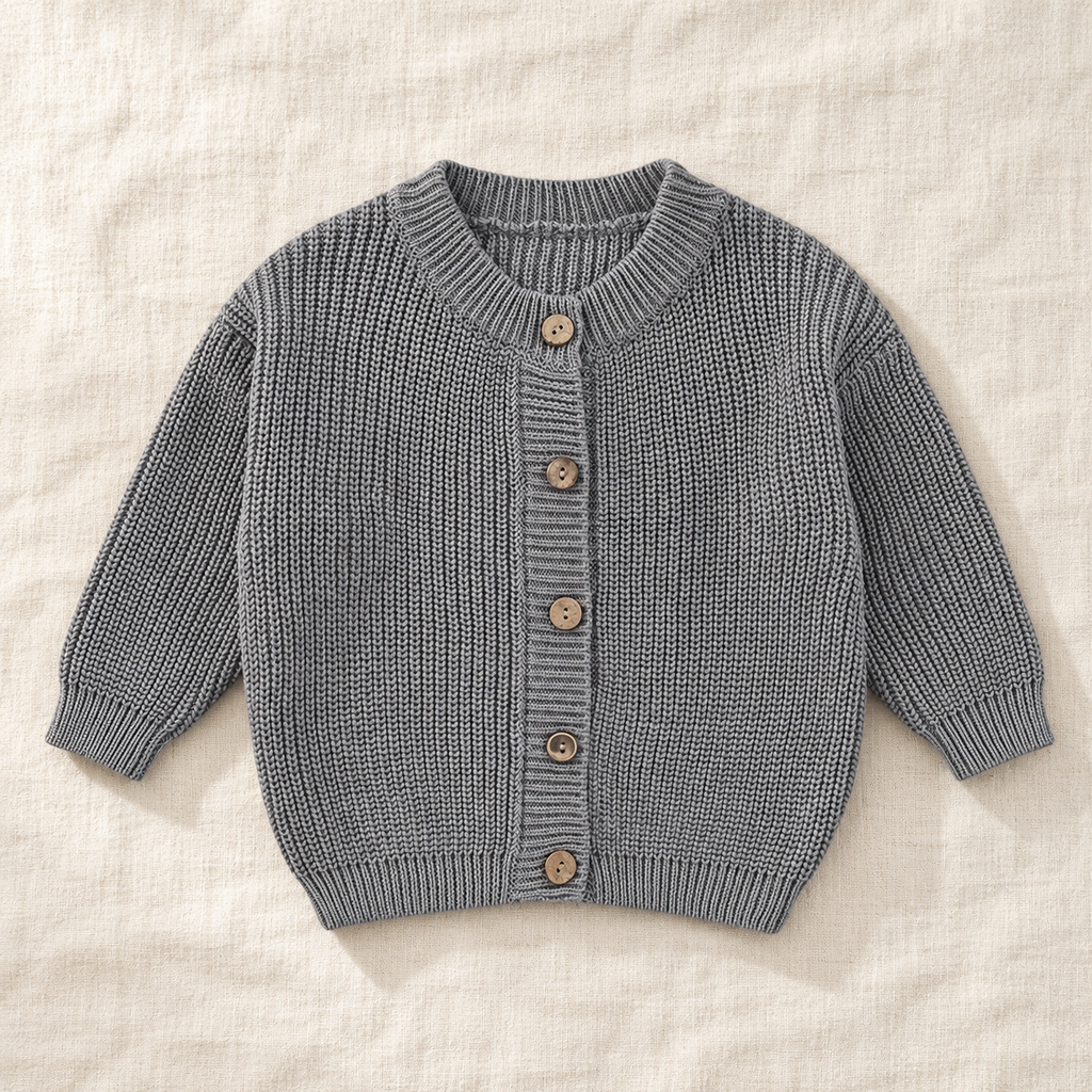 The Ribbed Button Knit Cardigan — Gray, laid flat on ivory linen