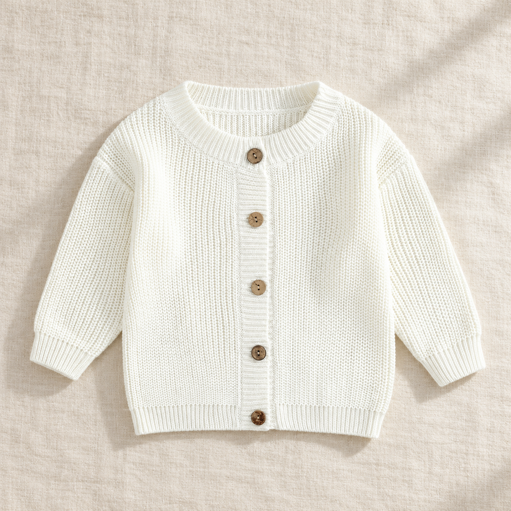 The Ribbed Button Knit Cardigan — White, laid flat on ivory linen