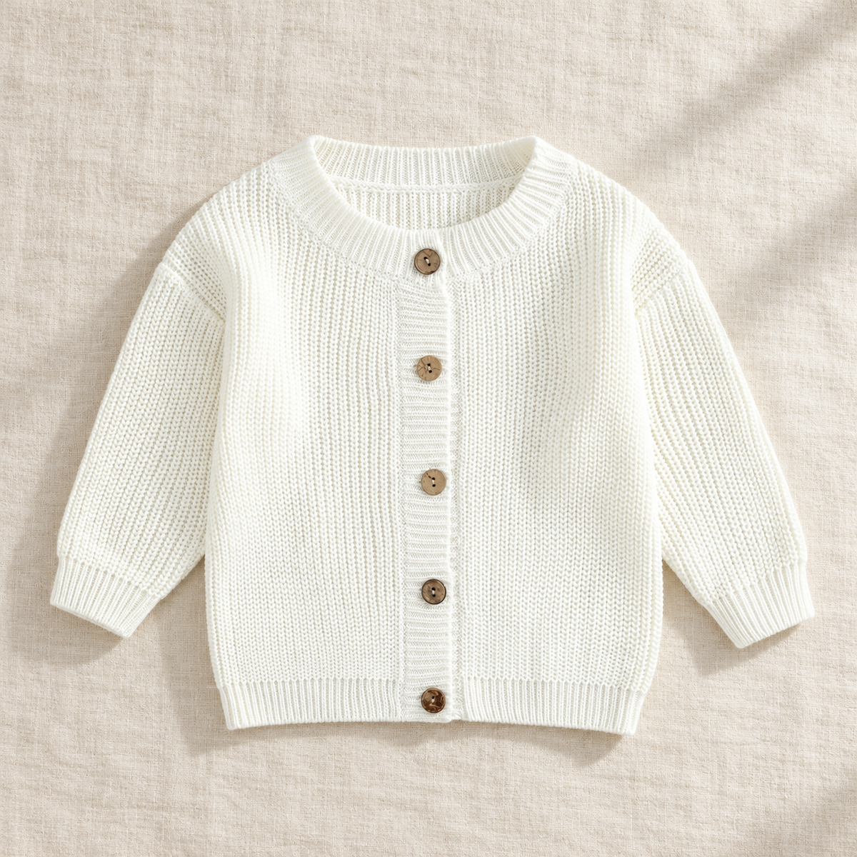 The Ribbed Button Knit Cardigan — White, laid flat on ivory linen