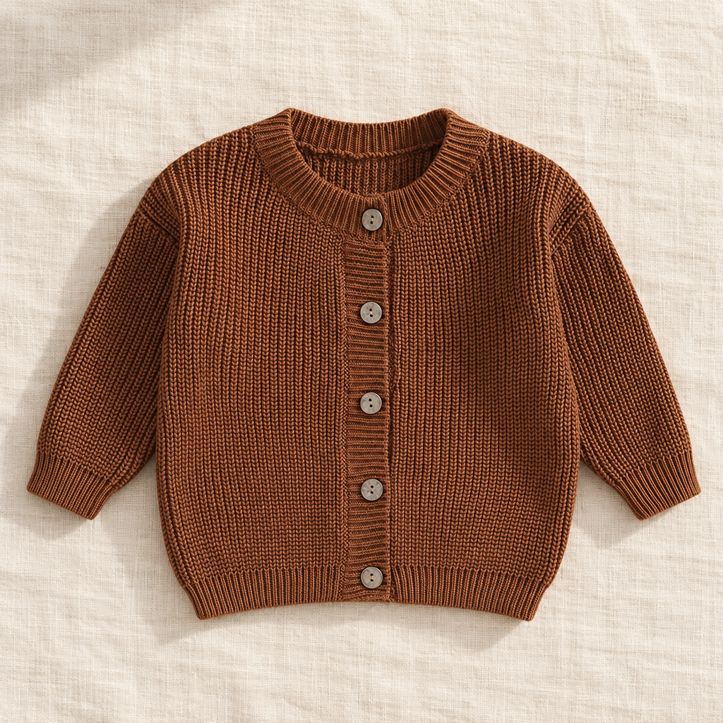 The Ribbed Button Knit Cardigan — Brown, laid flat on ivory linen