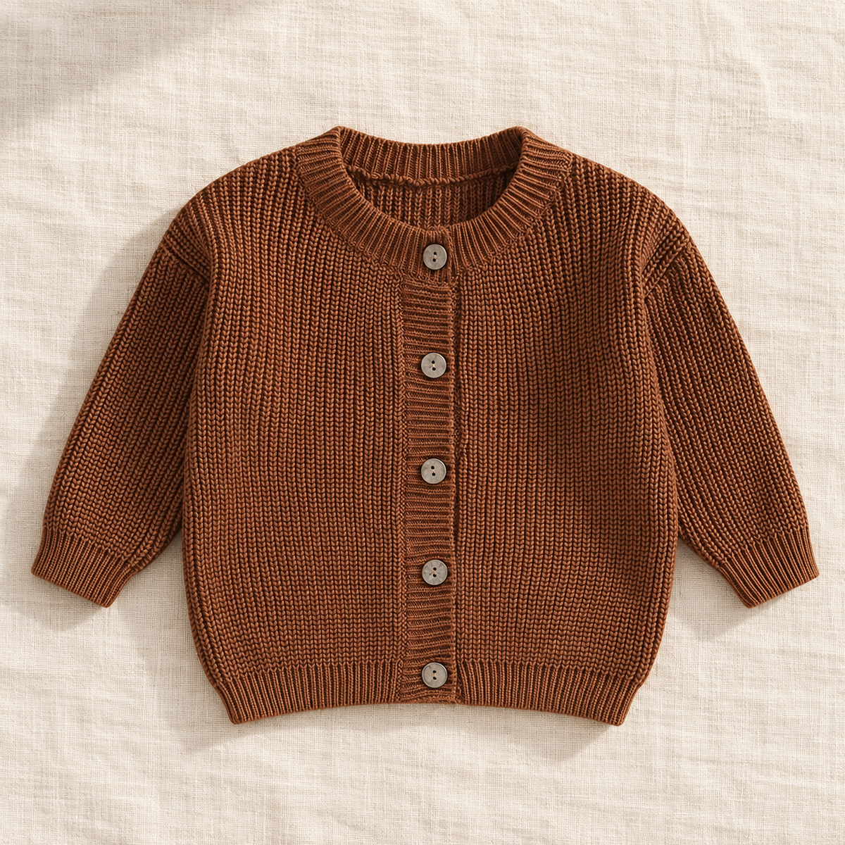 The Ribbed Button Knit Cardigan — Brown, laid flat on ivory linen