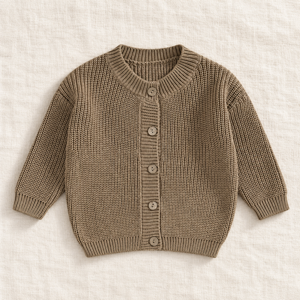 The Ribbed Button Knit Cardigan — Khaki, laid flat on ivory linen