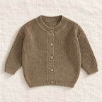 The Ribbed Button Knit Cardigan — Khaki, laid flat on ivory linen