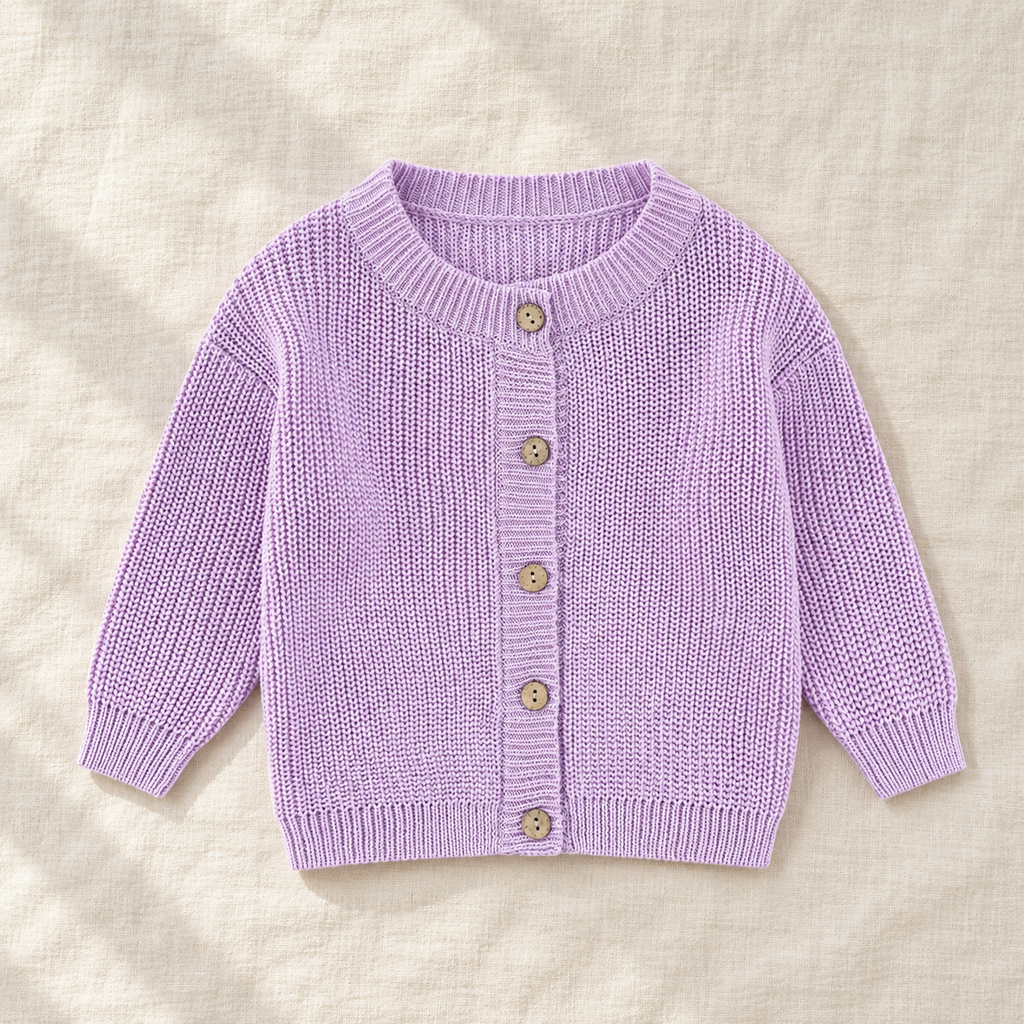 The Ribbed Button Knit Cardigan — Lavender, laid flat on ivory linen