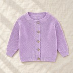 The Ribbed Button Knit Cardigan — Lavender, laid flat on ivory linen