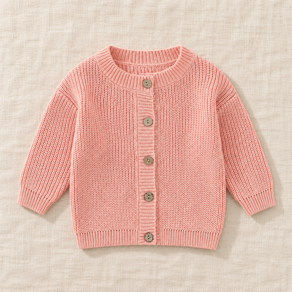 The Ribbed Button Knit Cardigan — Pink, laid flat on ivory linen