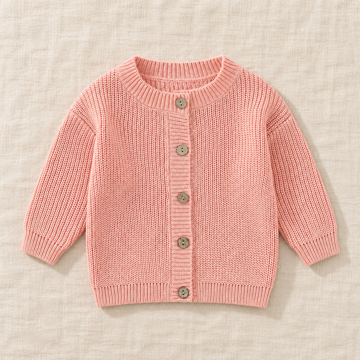 The Ribbed Button Knit Cardigan — Pink, laid flat on ivory linen