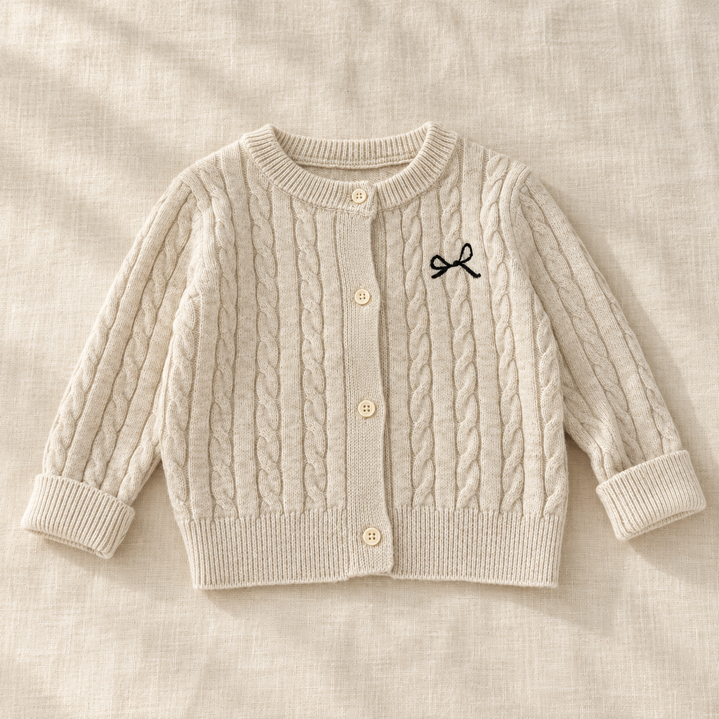 The Soft Cable Knit Cardigan — Beige, laid flat on ivory linen