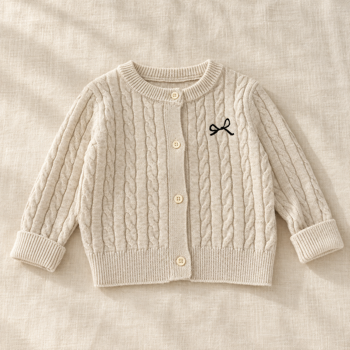 The Soft Cable Knit Cardigan — Beige, laid flat on ivory linen