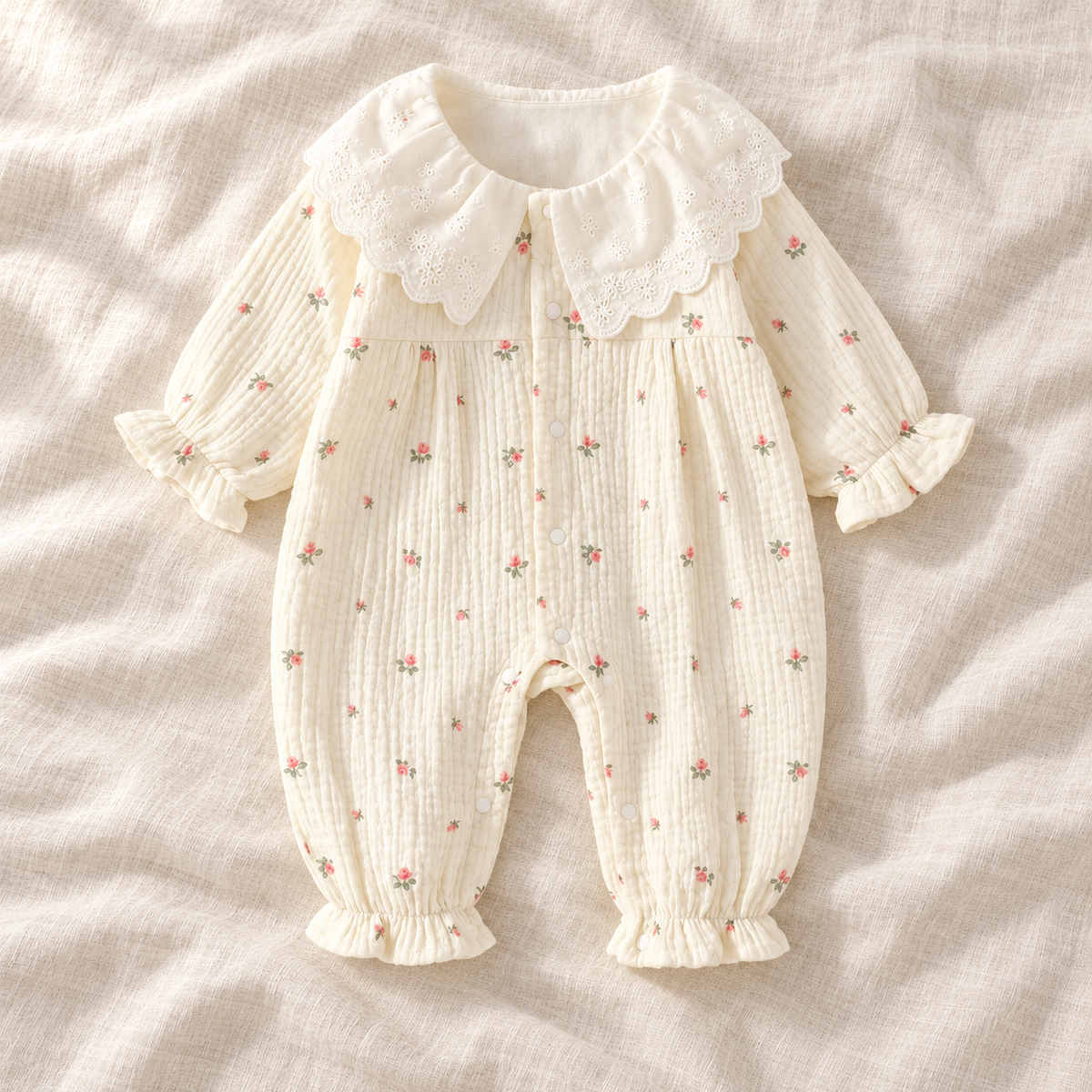 The Peter Pan Floral Baby Romper — Style 01 studio photograph